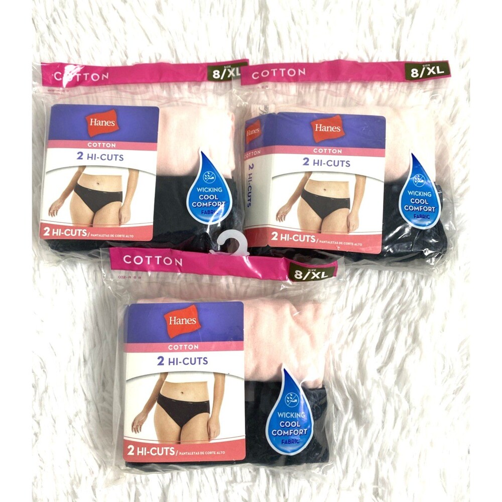 6 Hanes 100% Cotton Hi Cuts Size XL Black Pink Underwear Cool Comfort Wicking